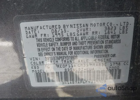2015 Nissan Sentra Sv from USA, damaged, VIN 3N1AB7AP6FY319908